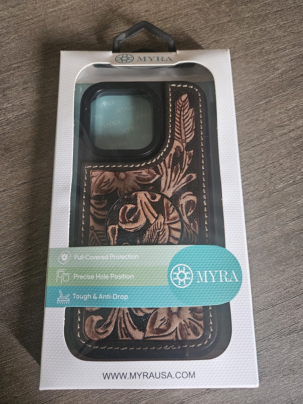 Myra Bag Brown Floral Embossed Leather Apple iphone 14 Pro Case w/Phone Grip NWT
